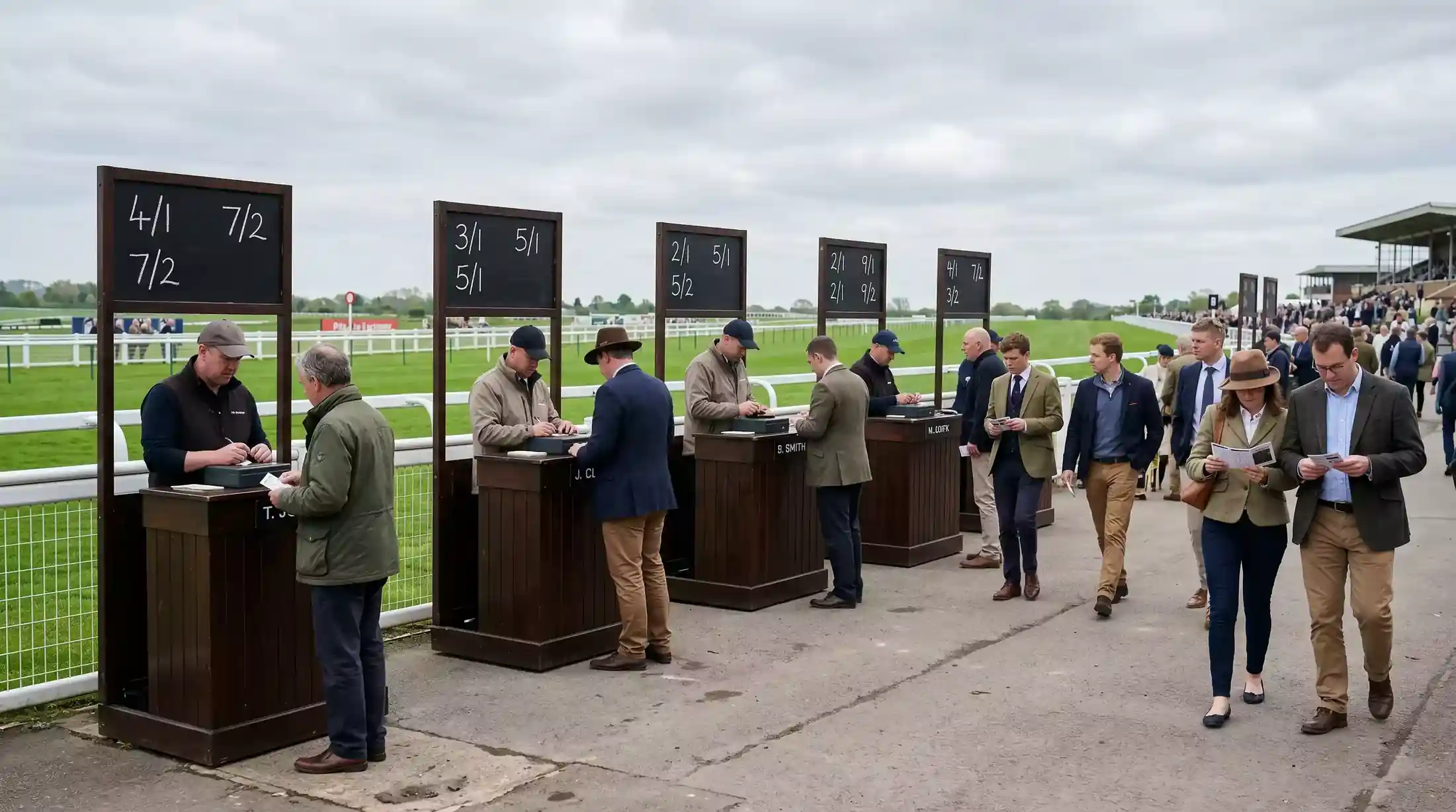 On-course bookmaker boards displaying horse racing odds at a British racecourse